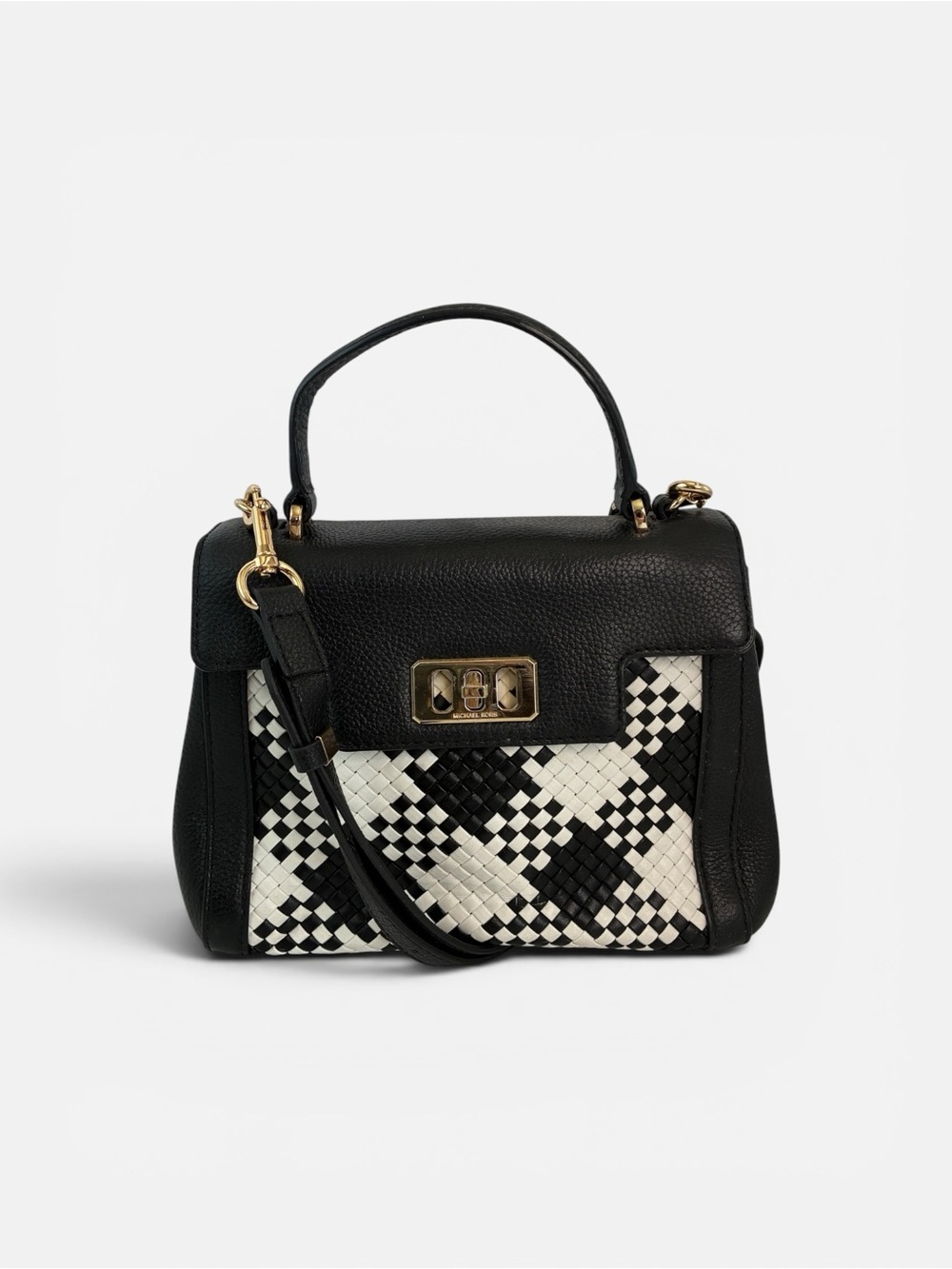 Michael Kors Woven Leather Satchel Crossbody Bag Black White Top Handle Purse